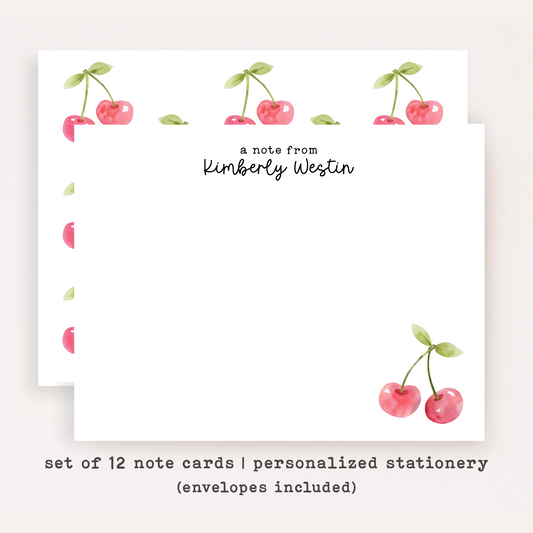 Personalized Cherry Stationery Set • Custom Name Flat Notecards • Cute Cherry Thank You Cards • Custom Stationery Gift • Set of 12