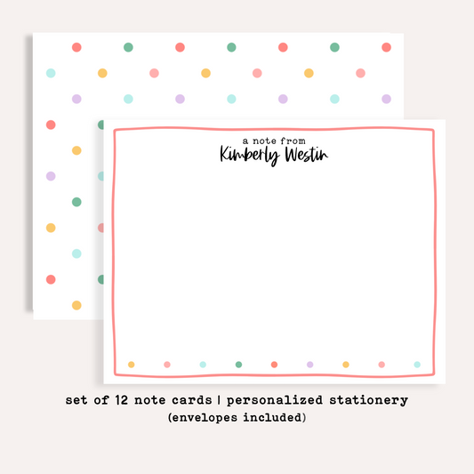 Personalized Polka Dot Stationery • Custom Flat Notecards Set of 12 • Name Stationery Gift • Thank You Notes • Rainbow Dots