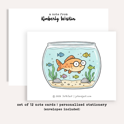 Personalized Fish Bowl Stationery Set • Custom Name Flat Notecards • Cute Goldfish Thank You Cards • Fish Lover Gift • Set of 12