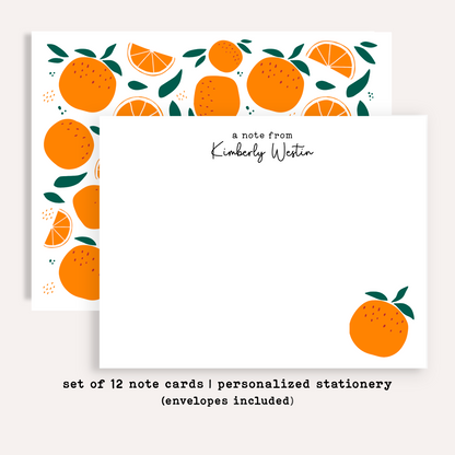 Personalized Tangerine Stationery • Orange Notecard Set • Custom Name Note Cards • Thank You Cards • Citrus Stationery Gift • Set of 12
