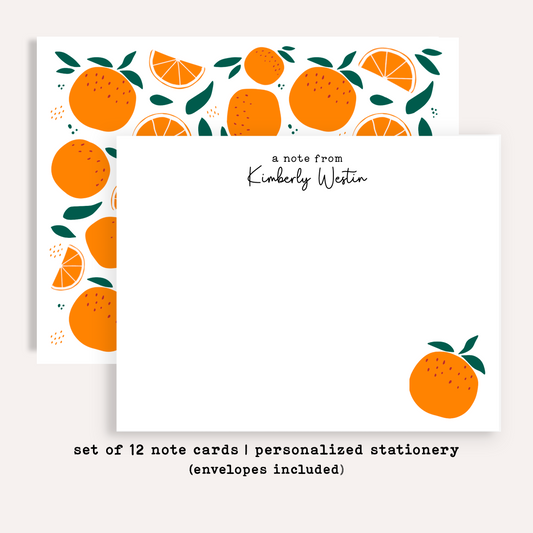 Personalized Tangerine Stationery • Orange Notecard Set • Custom Name Note Cards • Thank You Cards • Citrus Stationery Gift • Set of 12