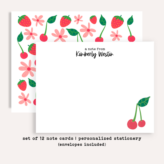 Personalized Cherry Strawberry Stationery Set • Custom Name Flat Notecards • Fruit Thank You Cards • Cute Stationery Gift • Set of 12