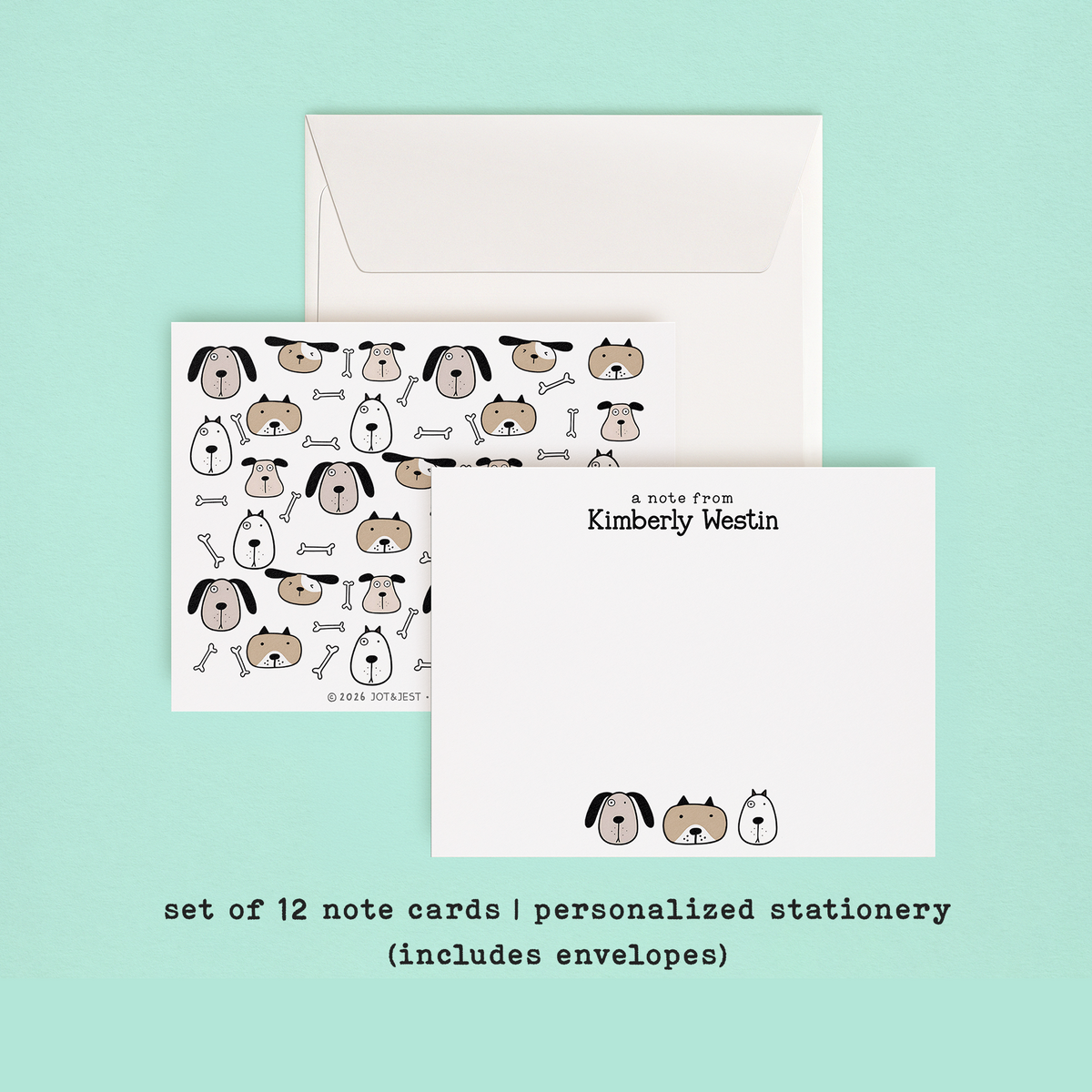 Personalized Cartoon Dog Stationery Set • Custom Name Flat Notecards • Cute Dog Thank You Cards • Dog Lover Gift • Set of 12