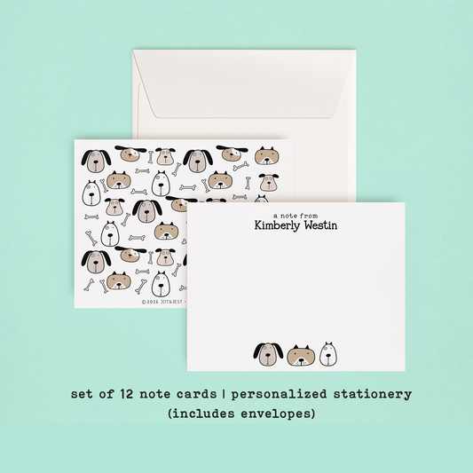 Personalized Cartoon Dog Stationery Set • Custom Name Flat Notecards • Cute Dog Thank You Cards • Dog Lover Gift • Set of 12