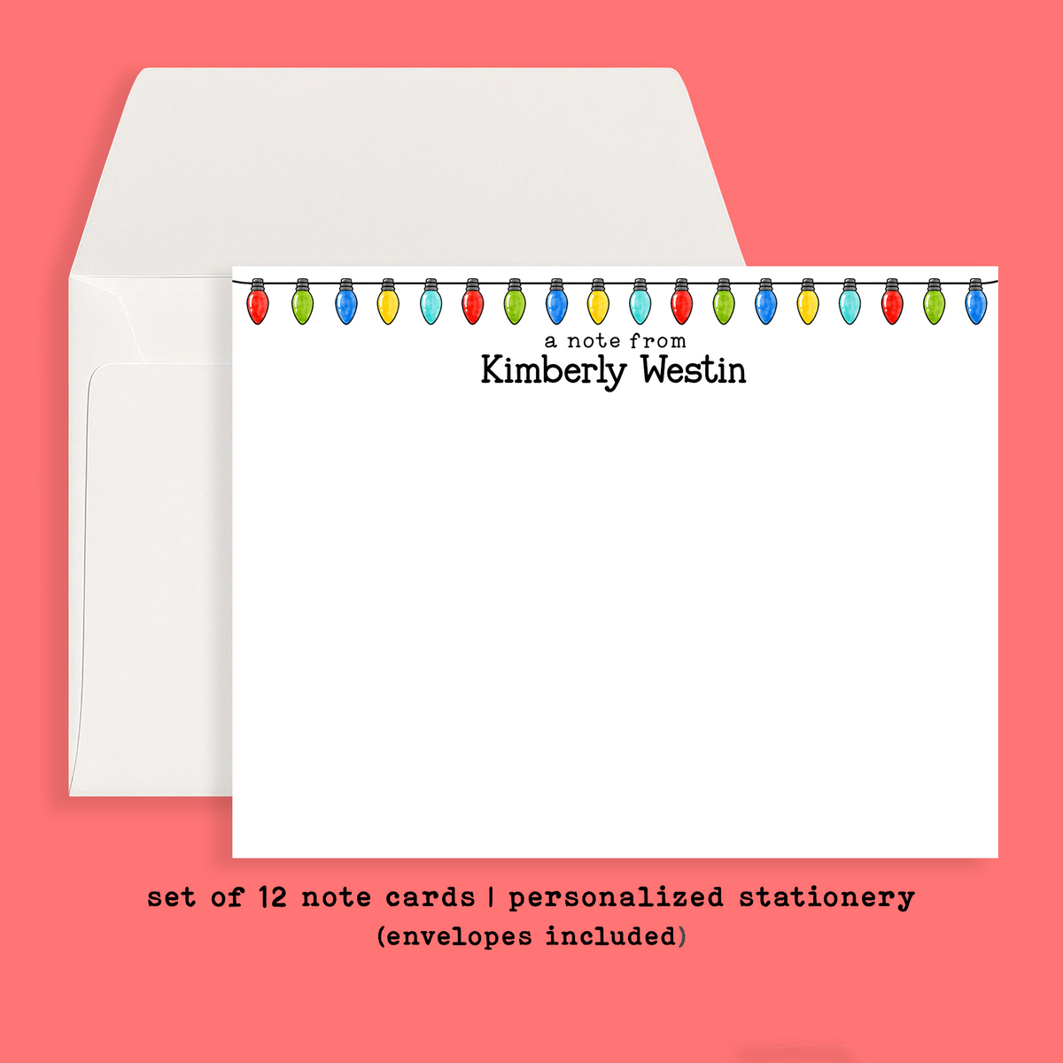 Personalized Christmas Stationery • Christmas Lights Notecard Set • Custom Name Note Cards • Holiday Thank You Cards • Festive Set of 12