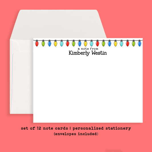 Personalized Christmas Stationery • Christmas Lights Notecard Set • Custom Name Note Cards • Holiday Thank You Cards • Festive Set of 12
