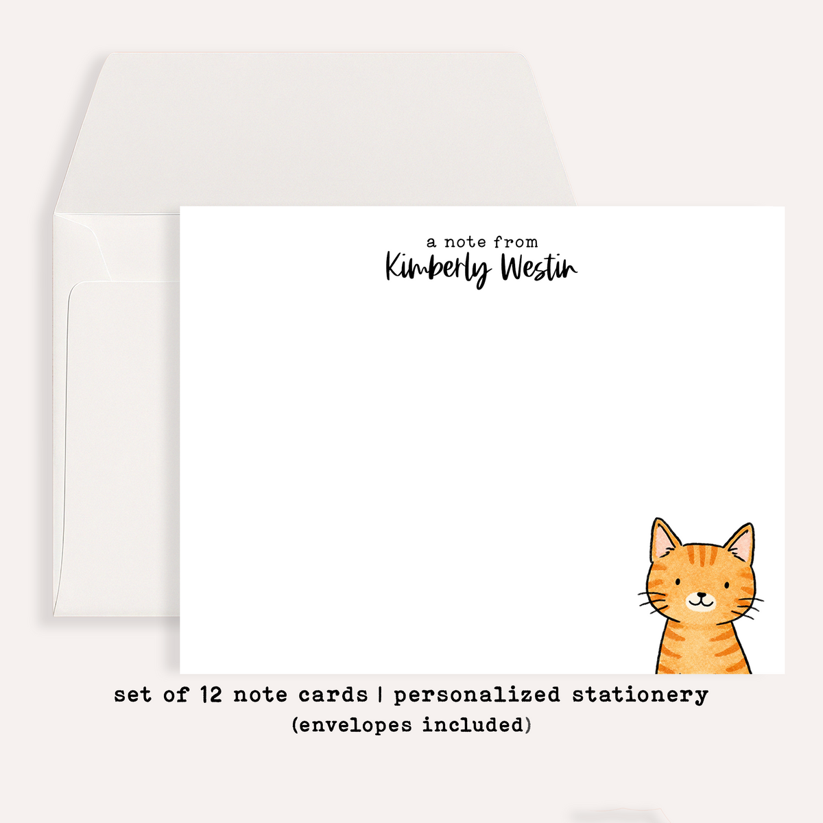 Personalized Orange Tabby Cat Stationery • Custom Notecard Set of 12 • Flat Thank You Cards • Custom Name Note Cards • Ginger Cat Lover Gift