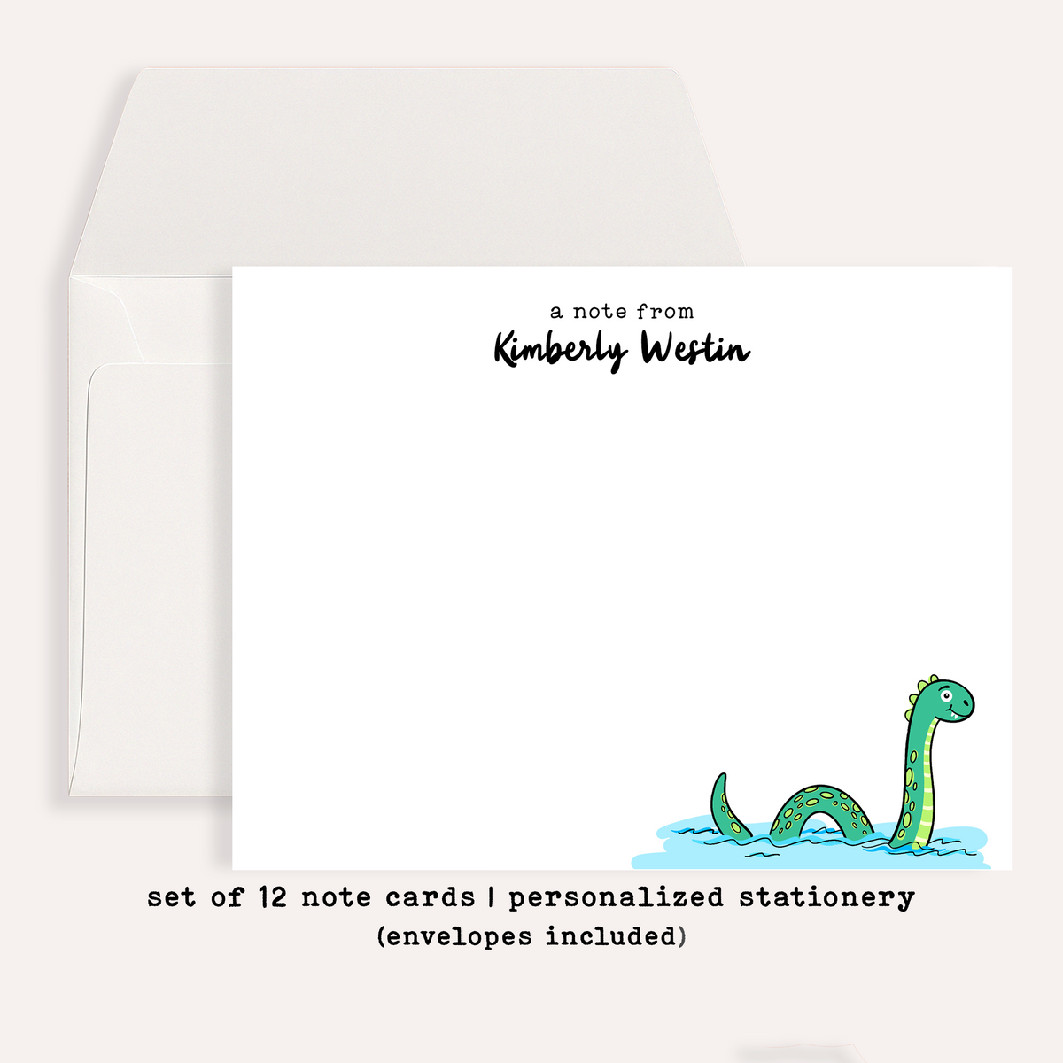 Personalized Loch Ness Notecards • Custom Name Stationery • Cute Nessie Flat Note Cards • Loch Ness Monster Thank You Gift