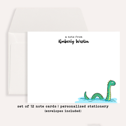 Personalized Loch Ness Notecards • Custom Name Stationery • Cute Nessie Flat Note Cards • Loch Ness Monster Thank You Gift