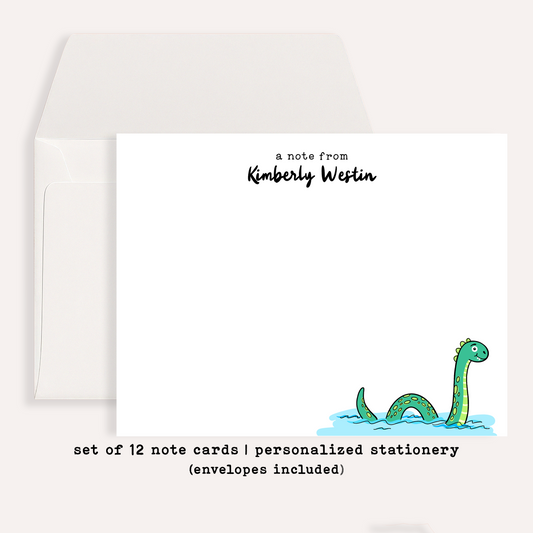 Personalized Loch Ness Notecards • Custom Name Stationery • Cute Nessie Flat Note Cards • Loch Ness Monster Thank You Gift