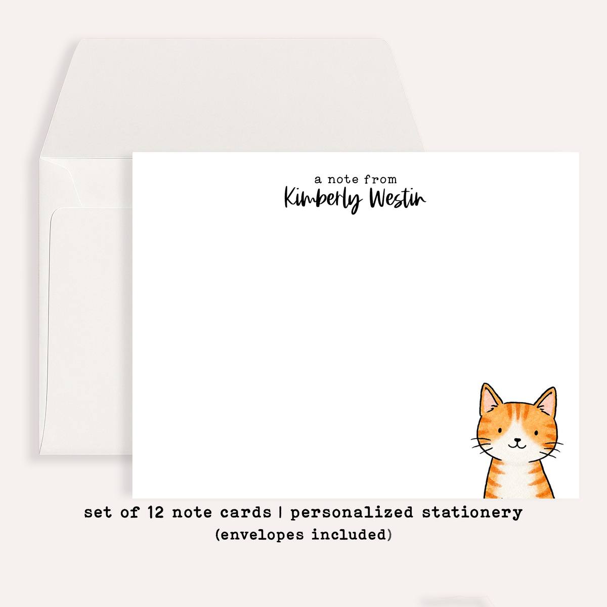 Personalized Orange White Tabby Cat Stationery • Custom Notecard Set of 12 • Flat Thank You Card • Custom Name Note Cards • Ginger Cat Lover