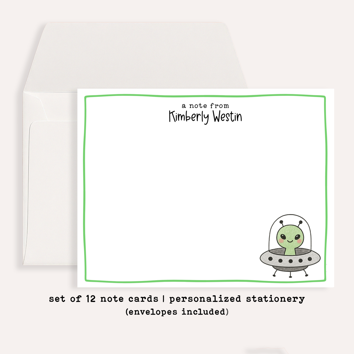 Personalized UFO Notecards • Cute Alien Stationery • Custom Name Space Note Cards • UFO Spaceship Thank You Card Set of 12