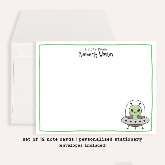 Personalized UFO Notecards • Cute Alien Stationery • Custom Name Space Note Cards • UFO Spaceship Thank You Card Set of 12