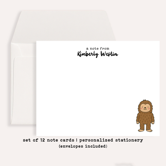 Personalized Bigfoot Notecards • Custom Name Stationery • Cute Sasquatch Flat Note Cards • Bigfoot Thank You Gift • Set of 12