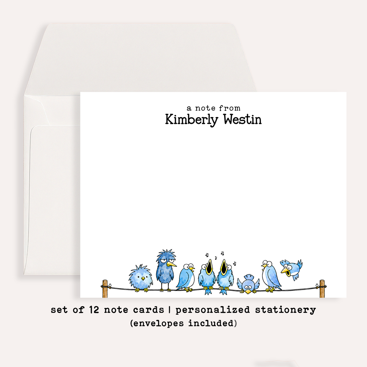 Personalized Bird Stationery Set • Custom Name Flat Notecards • Cute Bird Thank You Cards • Monogram Stationery • Set of 12