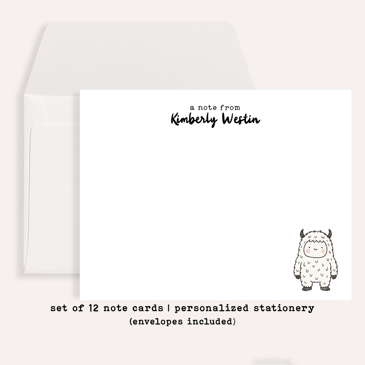 Personalized Yeti Stationery • Cute Cartoon Yeti Notecard Set • Custom Name Note Cards • Funny Winter Thank You Cards • Set of 12