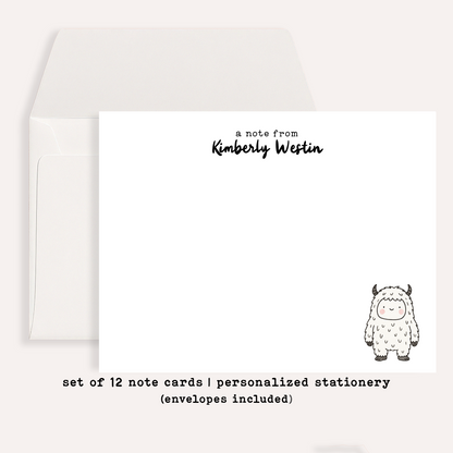 Personalized Yeti Stationery • Cute Cartoon Yeti Notecard Set • Custom Name Note Cards • Funny Winter Thank You Cards • Set of 12