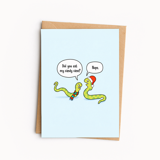 Funny Christmas Card • Cute Snake Candy Cane Holiday Card • Christmas Cartoon Greeting Card • Silly Holiday Card