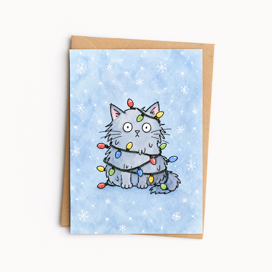 Funny Cat Christmas Card • Cute Mischievous Cat Holiday Card • Christmas Lights Cat Greeting Card • Card for Cat Lovers