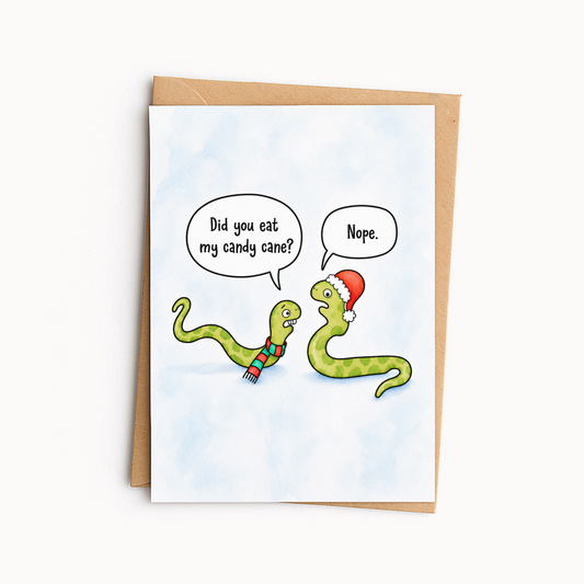 Funny Christmas Card • Cute Snake Candy Cane Holiday Card • Christmas Cartoon Greeting Card • Silly Holiday Card