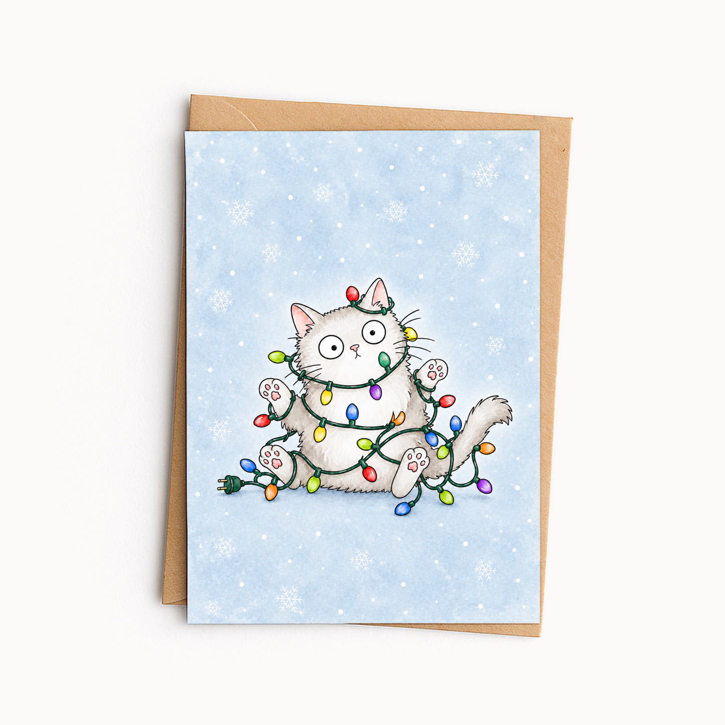 Funny Cat Christmas Card • Cute Mischievous Cat Holiday Card • Christmas Lights Cat Greeting Card • Card for Cat Lovers