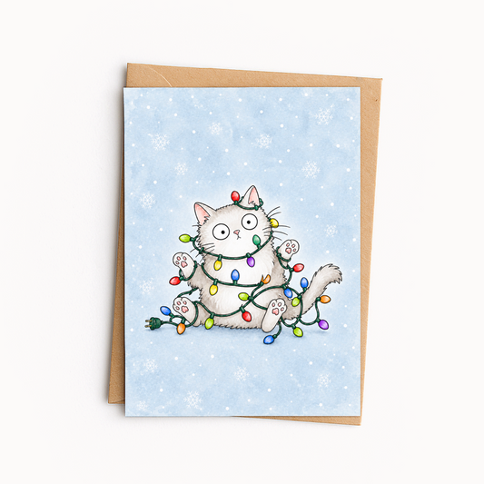 Funny Cat Christmas Card • Cute Mischievous Cat Holiday Card • Christmas Lights Cat Greeting Card • Card for Cat Lovers