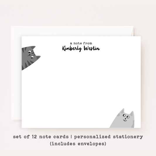 Personalized Gray Cat Stationery Set • Custom Name Flat Notecards • Cute Cat Thank You Cards • Cat Lover Gift • Set of 12