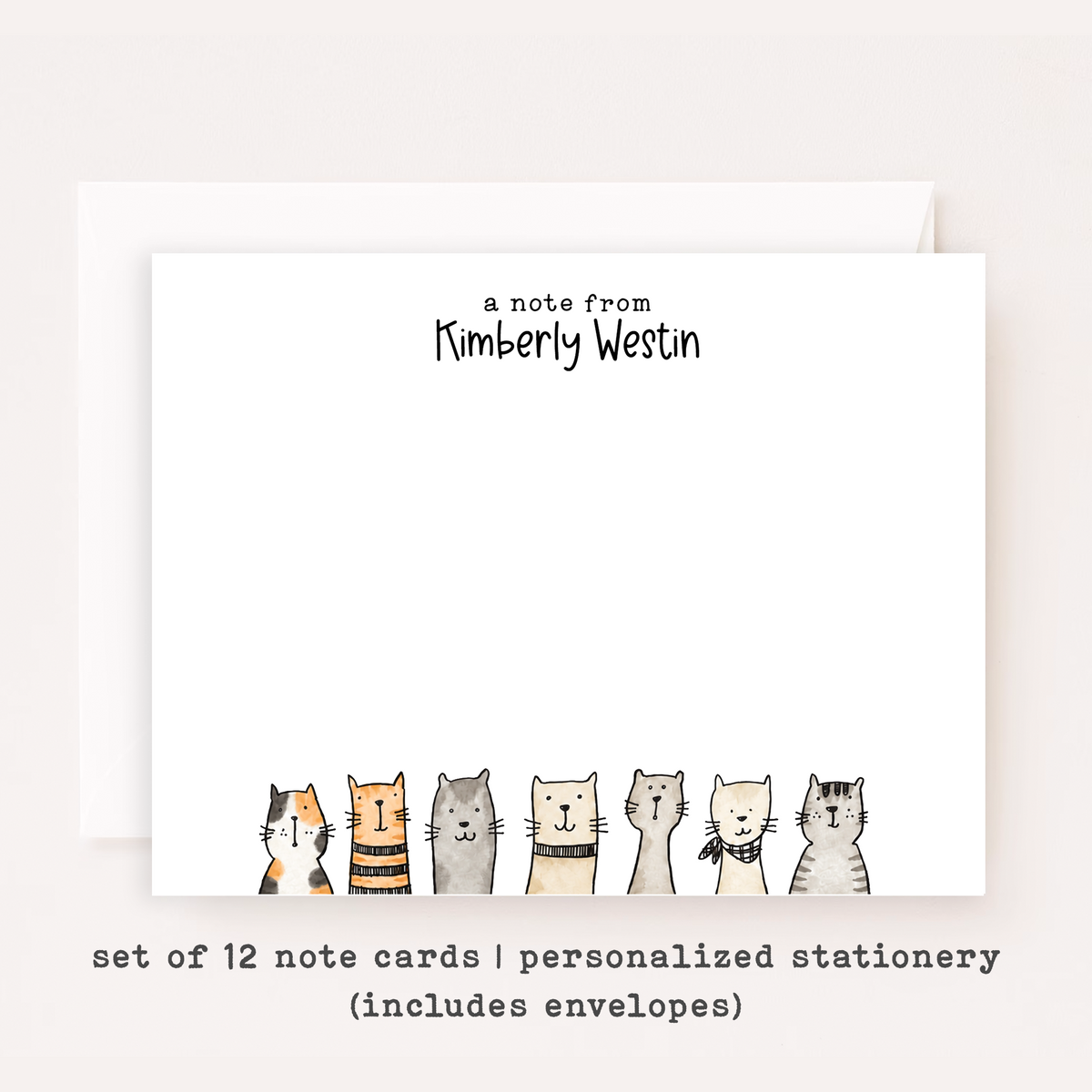 Personalized Cat Stationery Set • Custom Name Flat Notecards • Minimalist Cat Thank You Cards • Cat Lover Gift • Set of 12