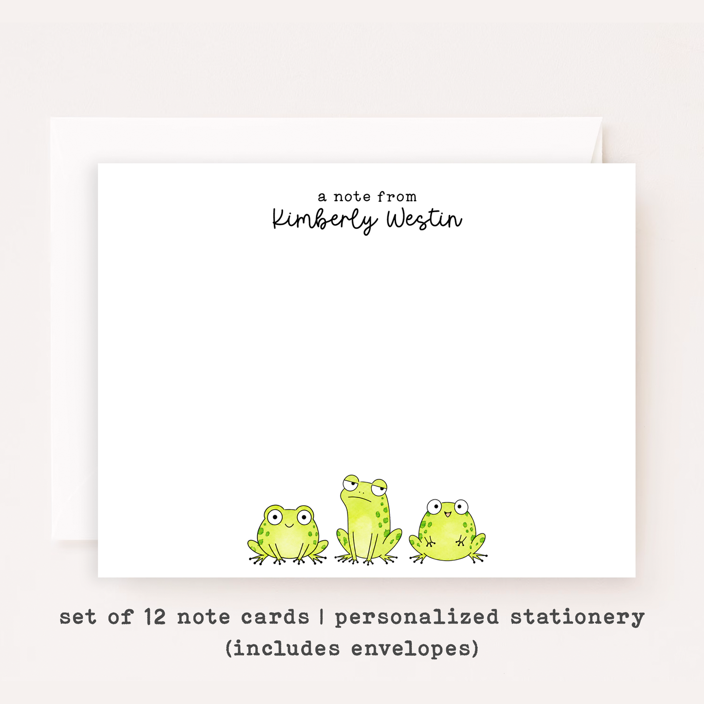 Personalized Cartoon Frog Stationery • Cute Frog Notecard Set • Custom Name Note Cards • Kids Thank You Notes • Set of 12