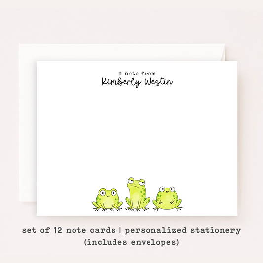 Personalized Cartoon Frog Stationery • Cute Frog Notecard Set • Custom Name Note Cards • Kids Thank You Notes • Set of 12