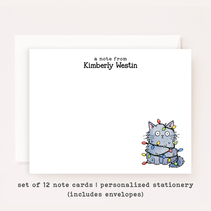 Personalized Christmas Light Cat Stationery Set • Custom Name Flat Notecards • Christmas Cat Thank You Cards • Holiday Cat Gift • Set of 12