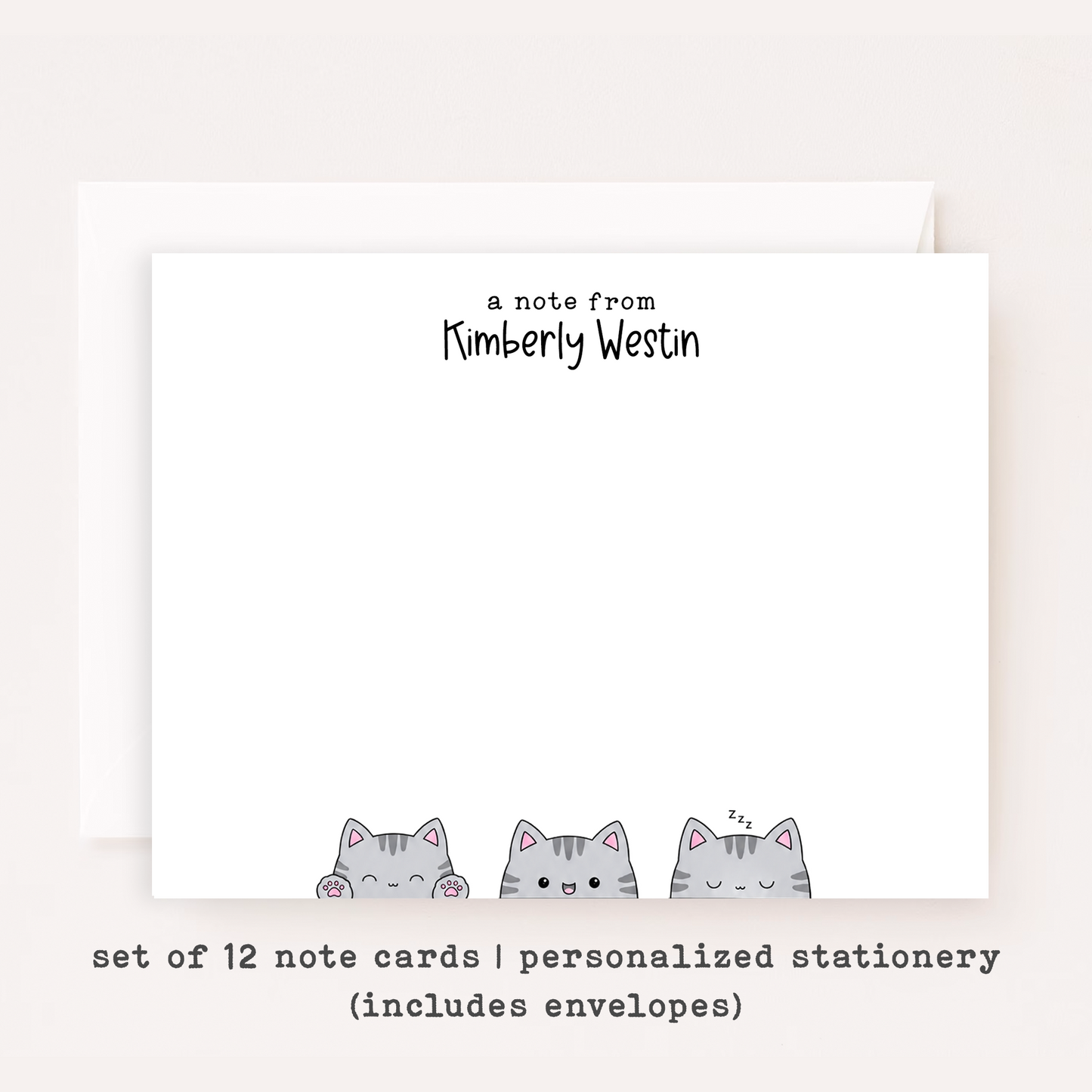 Personalized Gray Tabby Cat Stationery • Cute Grey Cat Notecard Set • Custom Name Note Cards • Cat Thank You Cards • Set of 12
