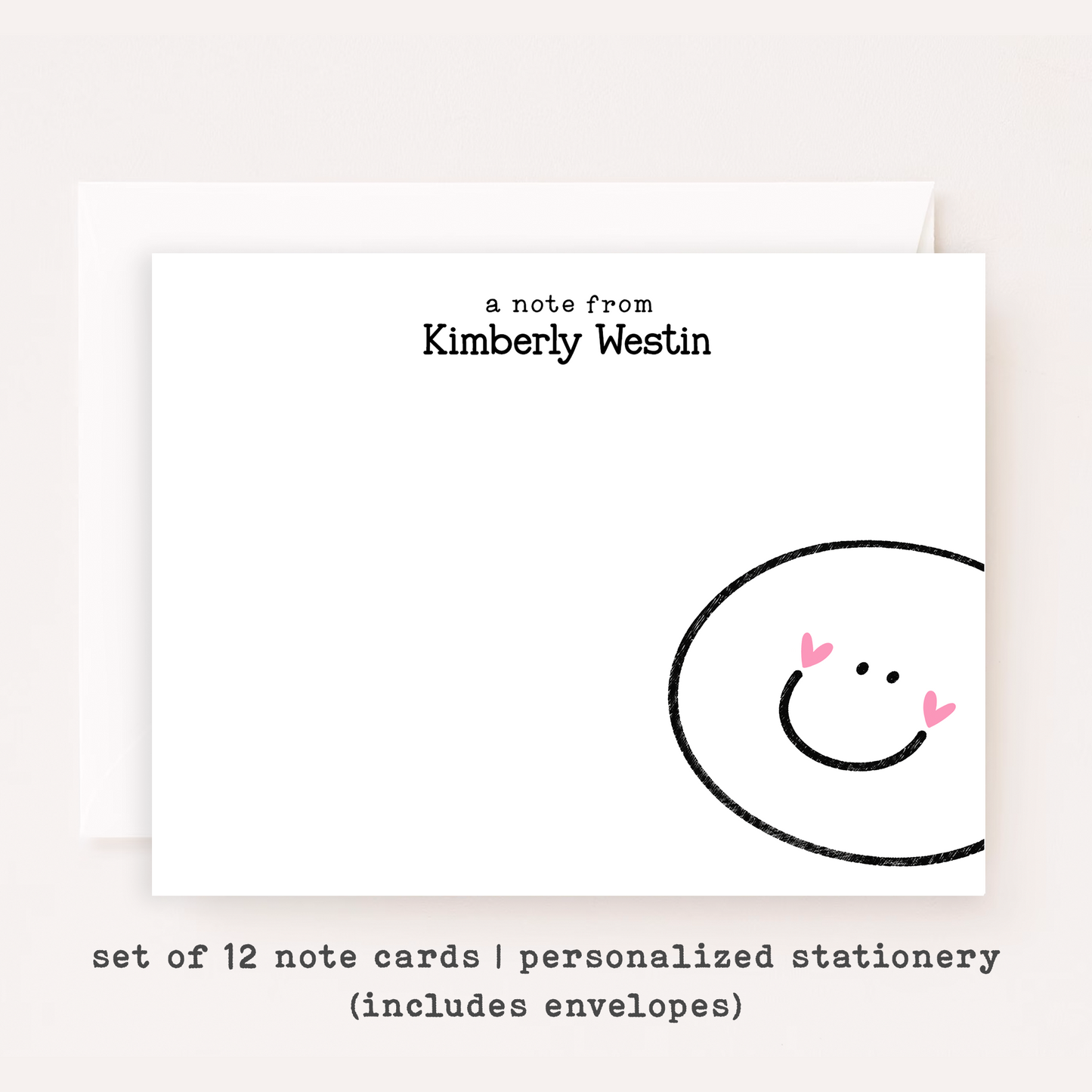 Personalized Smiley Face Stationery • Happy Face Notecard Set • Custom Name Note Cards • Thank You Cards • Cute Minimal Set of 12