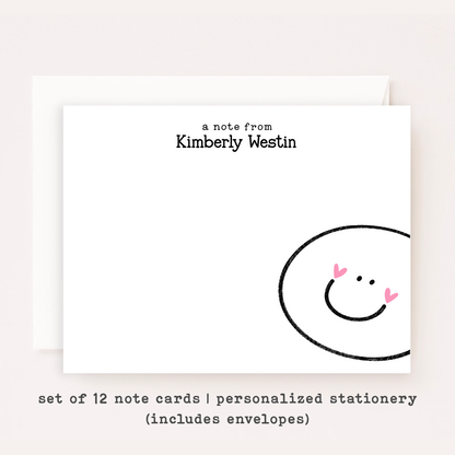 Personalized Smiley Face Stationery • Happy Face Notecard Set • Custom Name Note Cards • Thank You Cards • Cute Minimal Set of 12