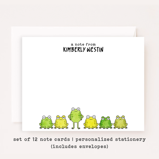 Personalized Frog Stationery • Cute Frog Notecard Set • Custom Name Note Cards • Frog Thank You Cards • Stationery Set of 12