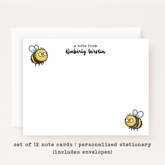 Personalized Bee Stationery Set • Custom Name Flat Notecards • Cute Bee Thank You Cards • Monogram Stationery • Set of 12
