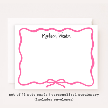 Personalized Bow Stationery • Coquette Bow Notecard Set • Custom Name Note Cards • Girly Thank You Cards • Set of 12 • Kid's Stationery