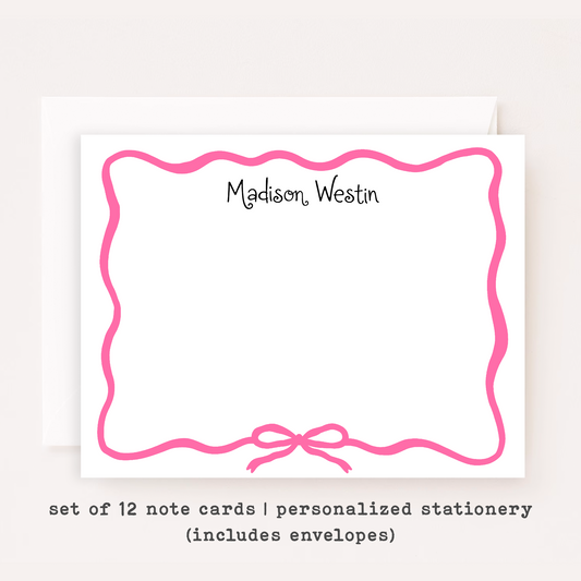 Personalized Bow Stationery • Coquette Bow Notecard Set • Custom Name Note Cards • Girly Thank You Cards • Set of 12 • Kid's Stationery