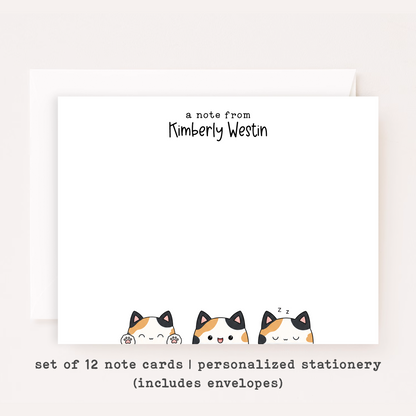 Personalized Calico Cat Stationery • Cute Calico Cat Notecard Set • Custom Name Note Cards • Cat Thank You Cards • Set of 12
