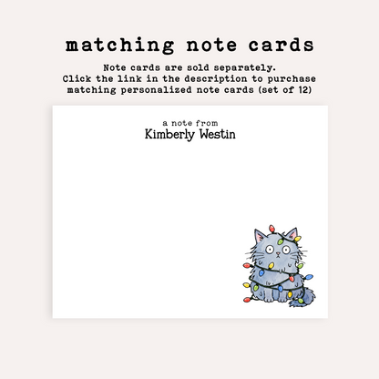Personalized Christmas Light Cat Stationery Set • Custom Name Flat Notecards • Christmas Cat Thank You Cards • Holiday Cat Gift • Set of 12