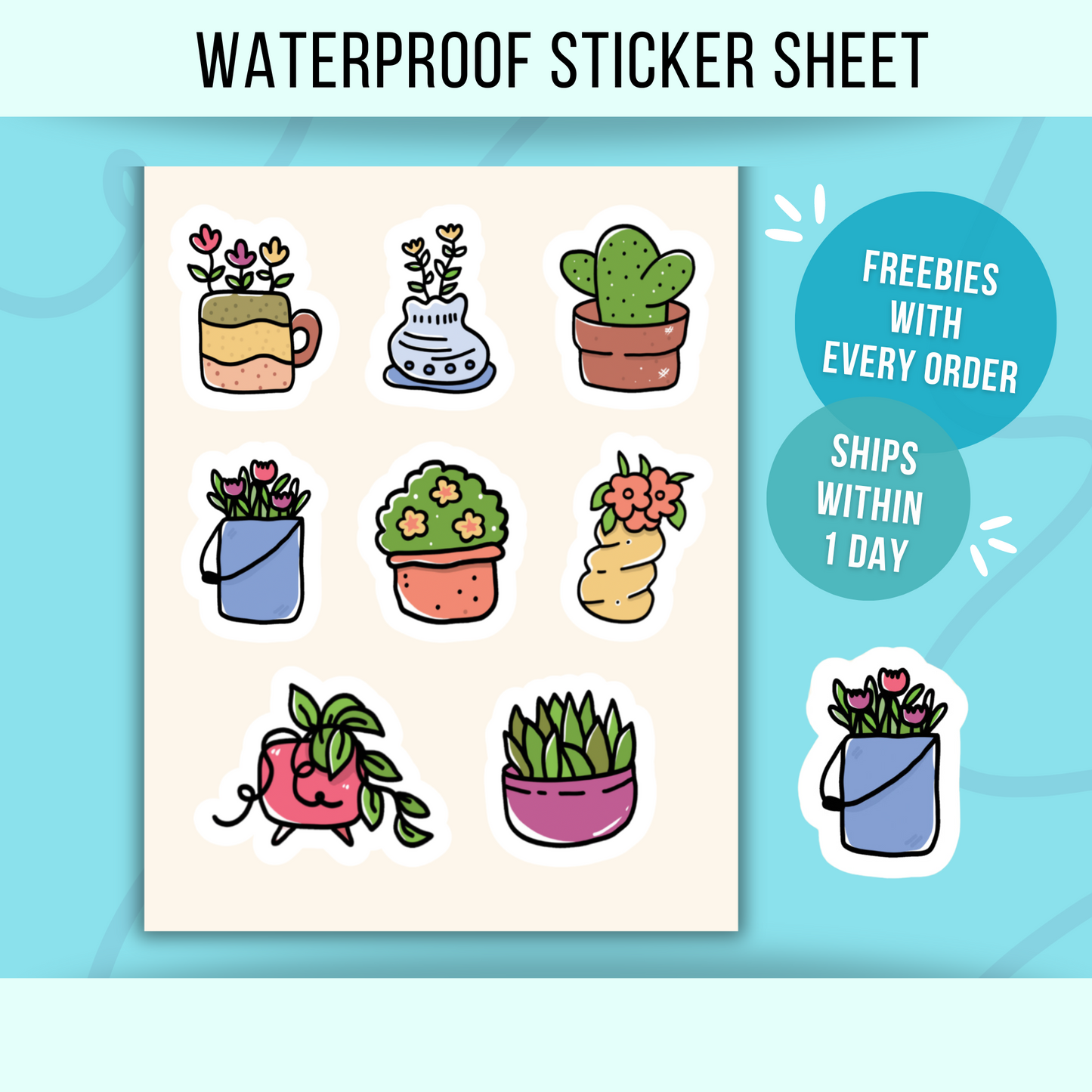 Mini Plant Sticker Sheet Waterproof Vinyl Sticker Cute Potted Plants Botanical Plant Flower Sticker for Laptop or Water Bottle