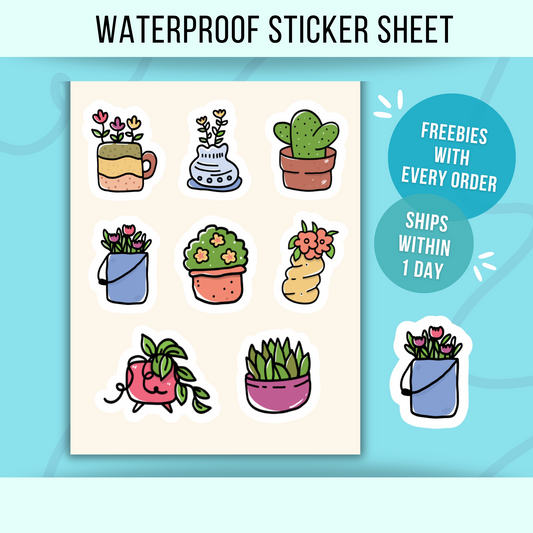 Mini Plant Sticker Sheet Waterproof Vinyl Sticker Cute Potted Plants Botanical Plant Flower Sticker for Laptop or Water Bottle