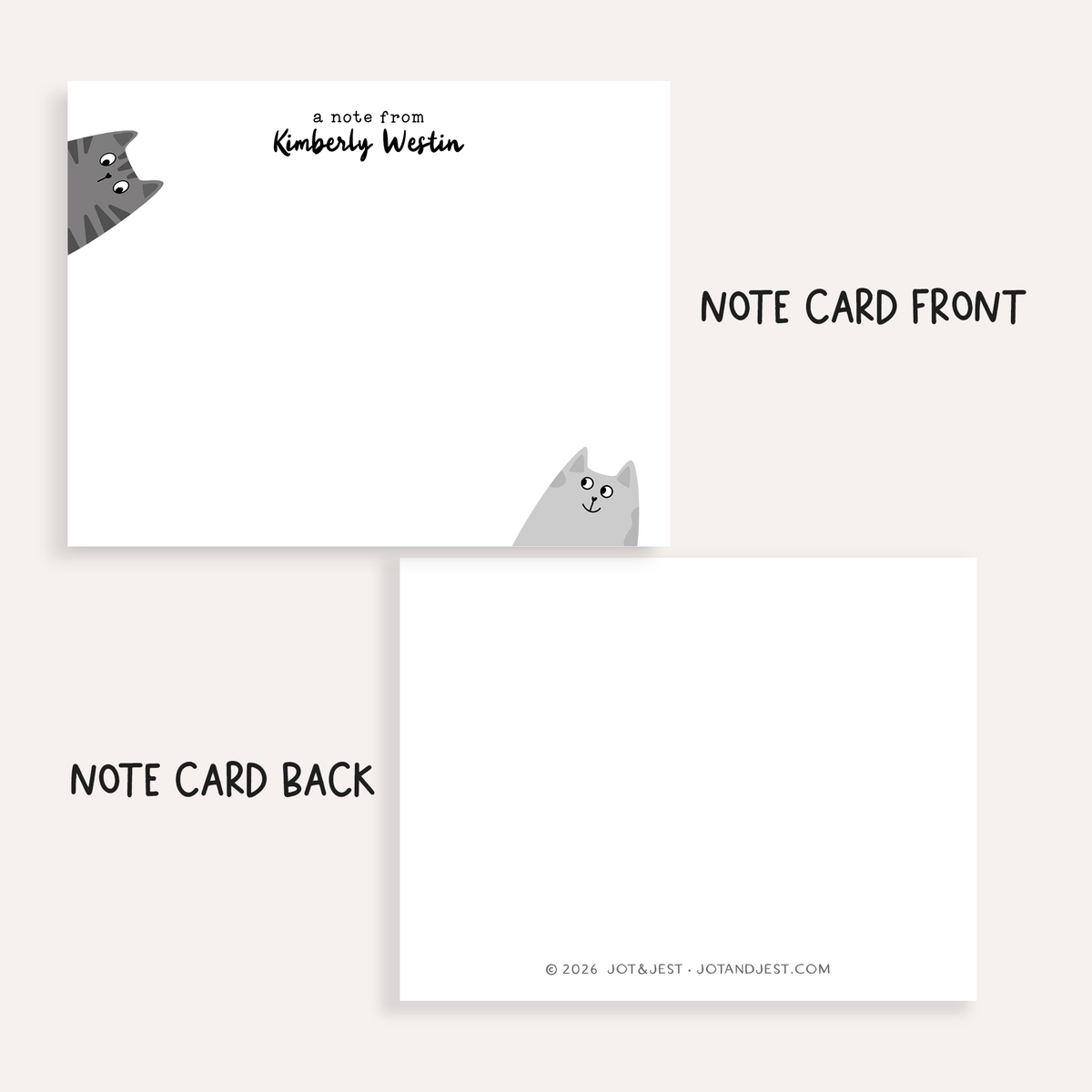 Personalized Gray Cat Stationery Set • Custom Name Flat Notecards • Cute Cat Thank You Cards • Cat Lover Gift • Set of 12