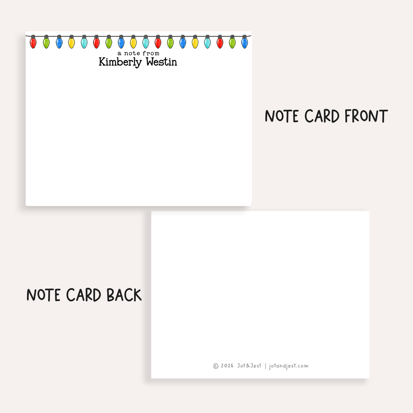 Personalized Christmas Stationery • Christmas Lights Notecard Set • Custom Name Note Cards • Holiday Thank You Cards • Festive Set of 12