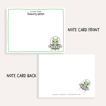 Personalized UFO Notecards • Cute Alien Stationery • Custom Name Space Note Cards • UFO Spaceship Thank You Card Set of 12