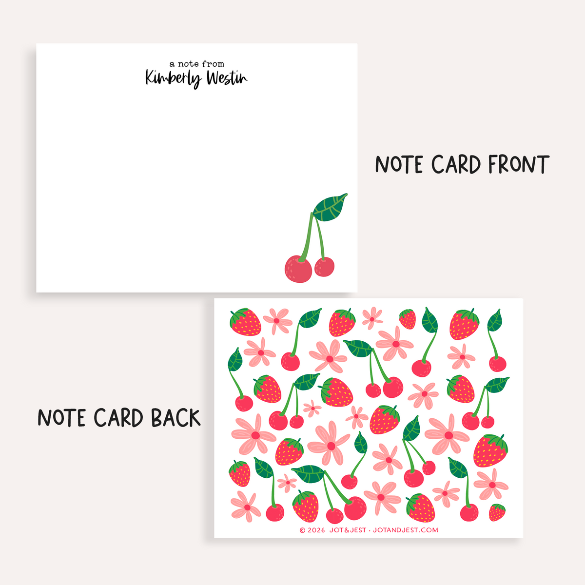 Personalized Cherry Strawberry Stationery Set • Custom Name Flat Notecards • Fruit Thank You Cards • Cute Stationery Gift • Set of 12