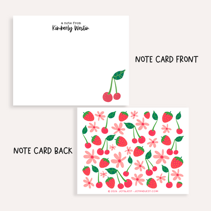 Personalized Cherry Strawberry Stationery Set • Custom Name Flat Notecards • Fruit Thank You Cards • Cute Stationery Gift • Set of 12