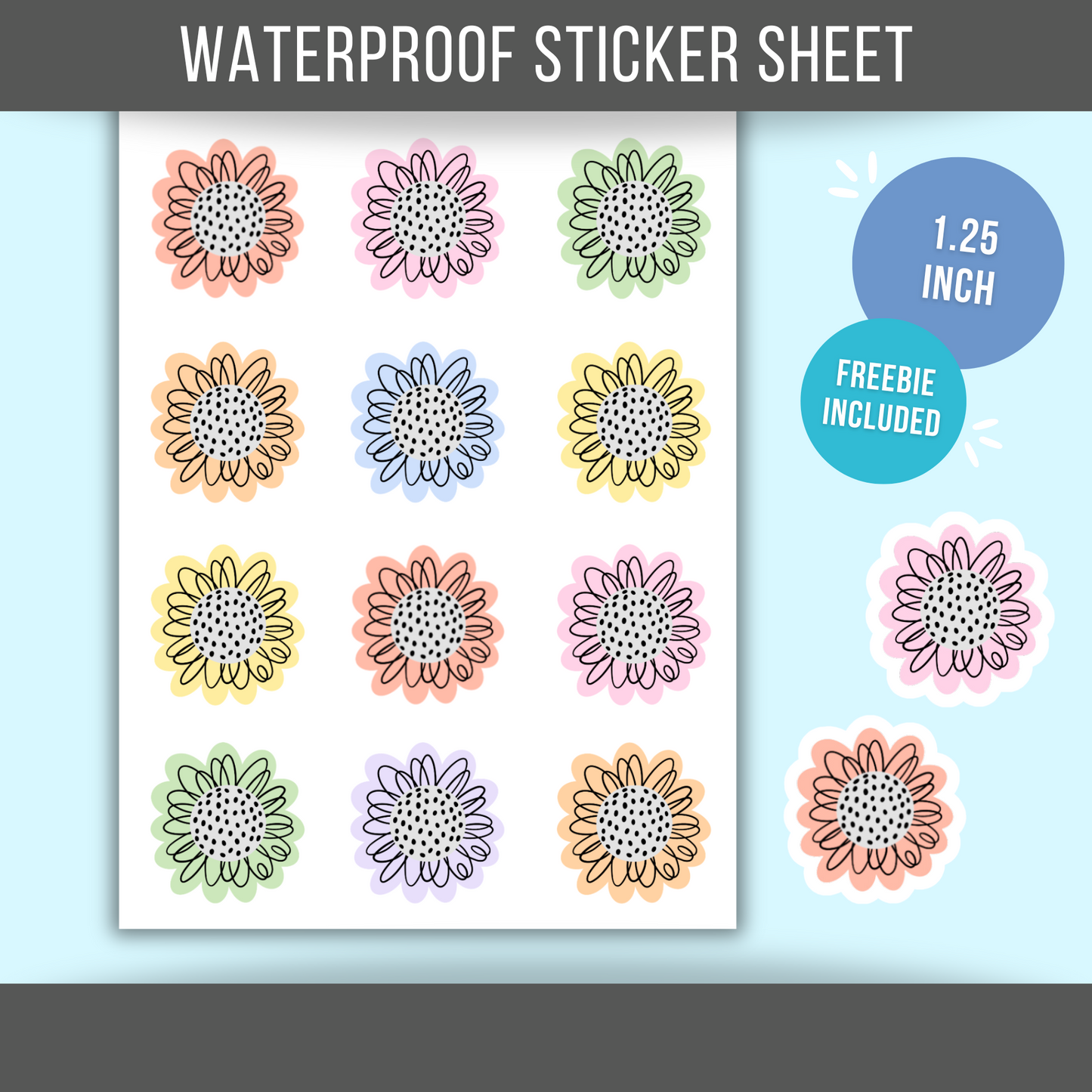 Multi Color Flower Sticker Sheet Waterproof Vinyl Mini Stickers Cute Small Flower Sticker Rainbow Floral Water Bottle Planner Sticker