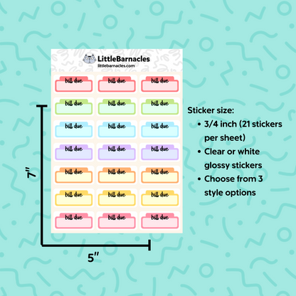Bill Due Planner Sticker • 1.5 Inch Quarter Box • Finance Budget Planner • Calendar Bill Reminder • Payment Due Label
