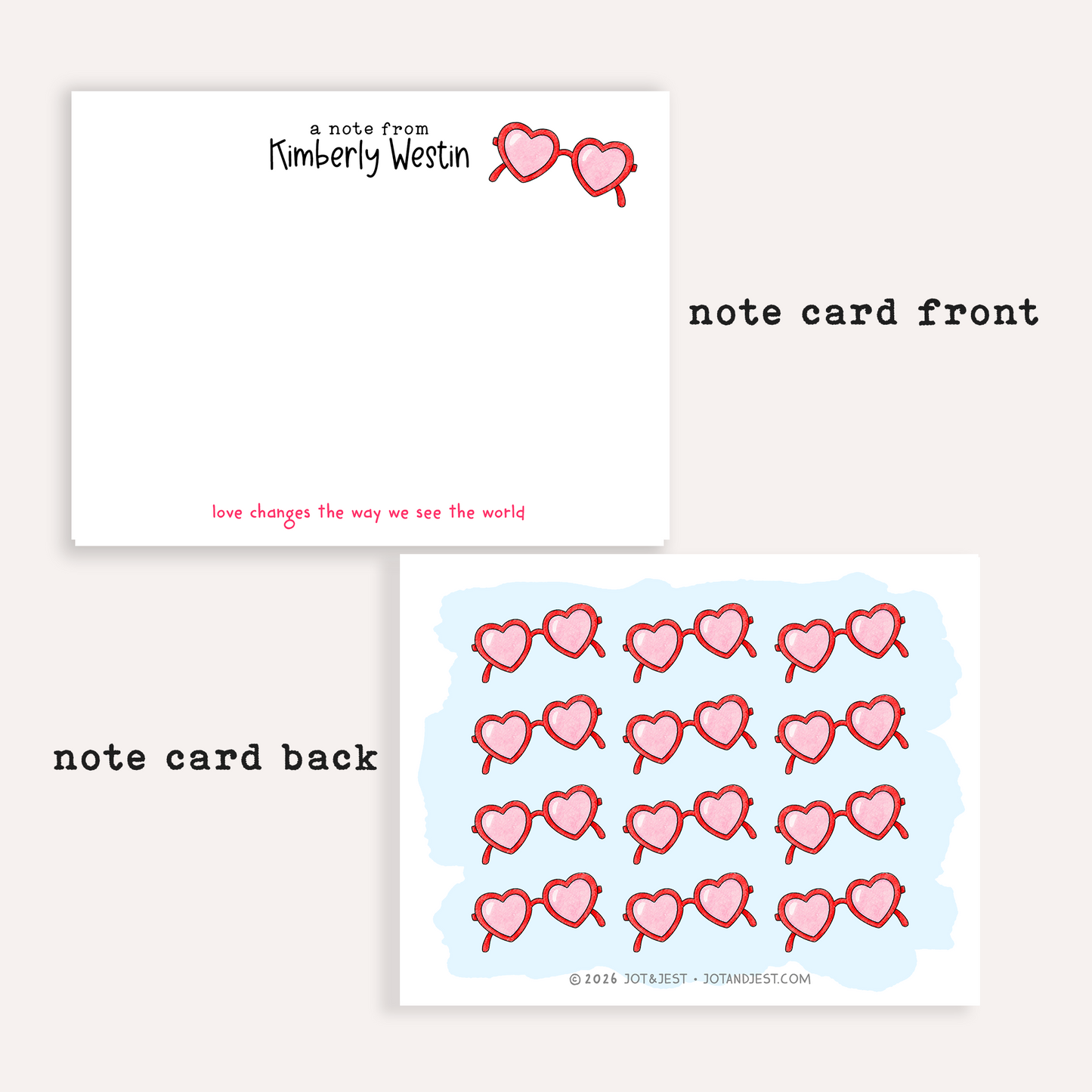 Personalized Heart Glasses Stationery Set • Custom Name Flat Notecards • Cute Thank You Cards • Trendy Stationery Gift • Set of 12